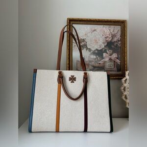 Tory Burch Canvas Large Leather trim Tote EUC